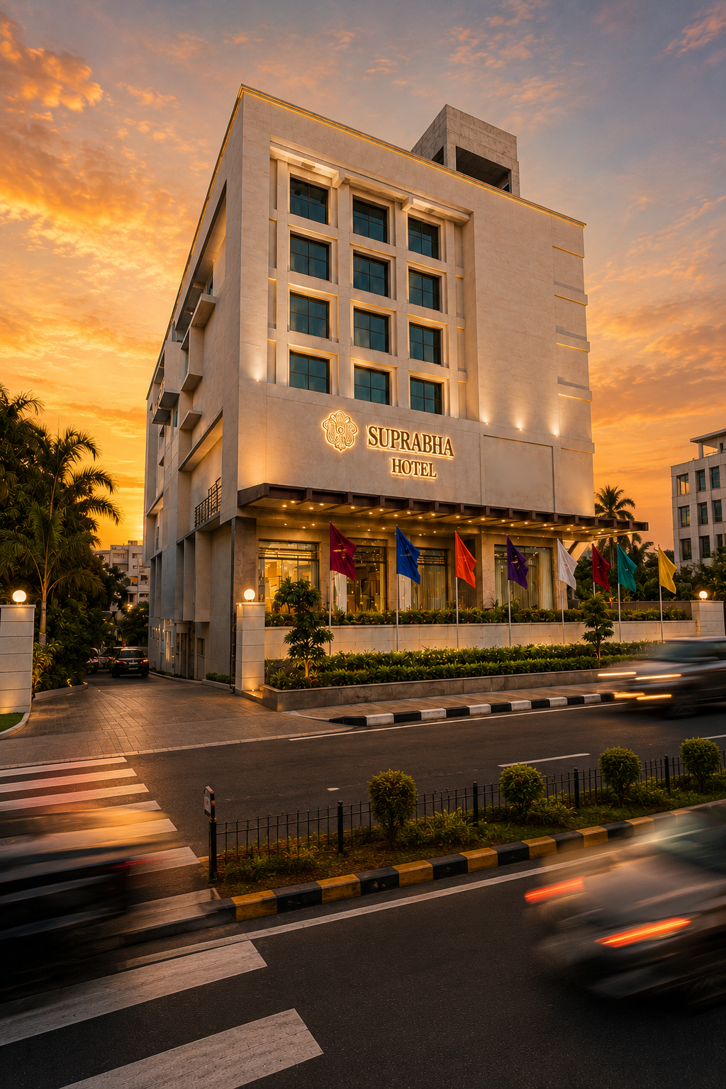 Suprabha Hotel at golden hour in Warangal